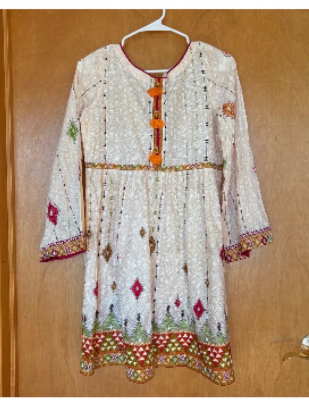 Cream Embroidered Girls' Festive Dress with Multicolor Trim